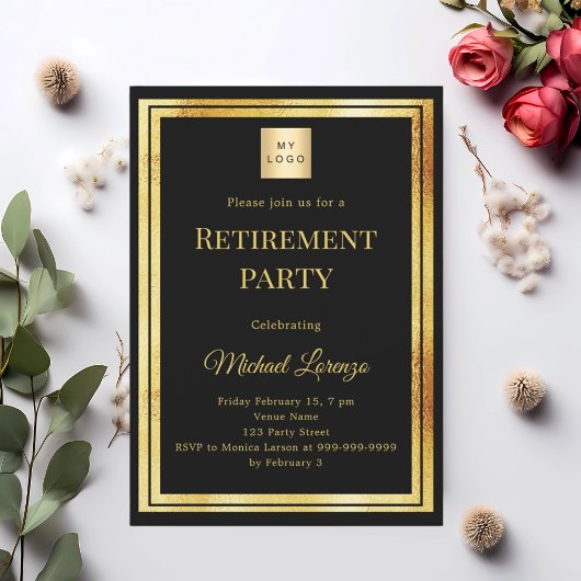 Black gold retirement party QR code business logo 招待状