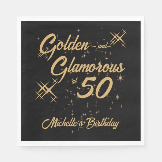 Black Gold Retro Golden Glamorous 50th Birthday スタンダードランチョンナプキン (正面)