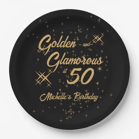 Black Gold Retro Golden Glamorous 50th Birthday ペーパープレート (正面)