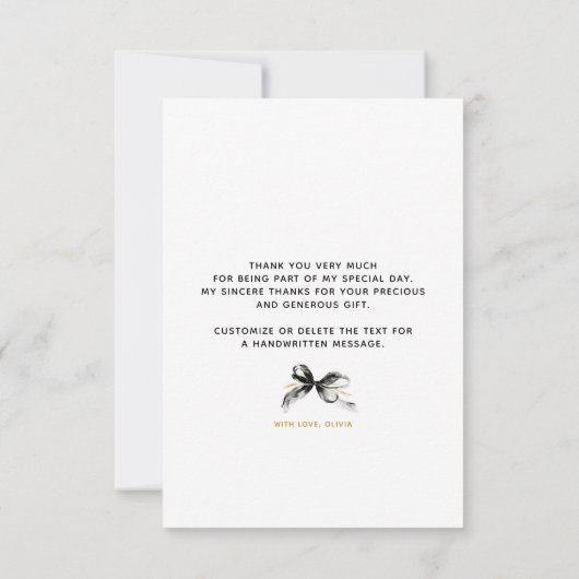 Black Gold Ribbon Bow Whimsical Bridal Shower サンキューカード (裏面)