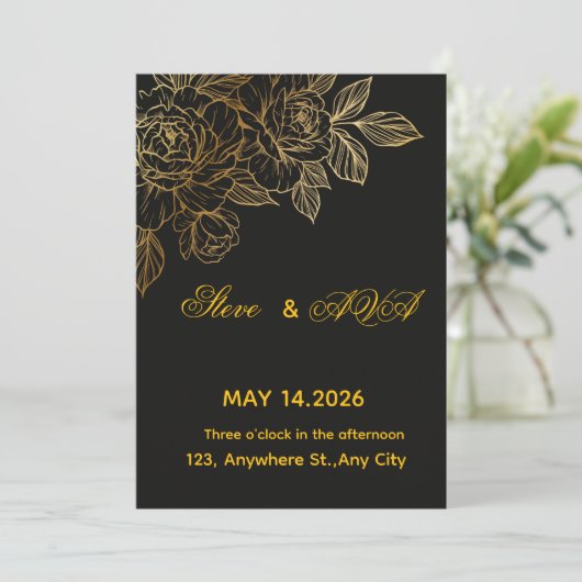 Black & Gold Romantic Wedding Invitation | Elegant 招待状 (スタンド正面)