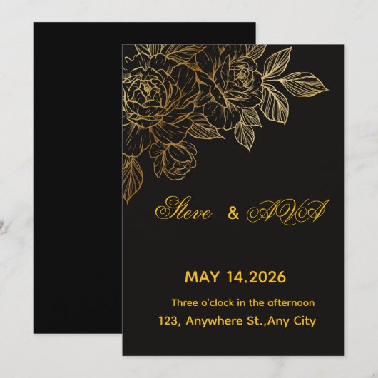 Black & Gold Romantic Wedding Invitation | Elegant 招待状 (正面/裏面)