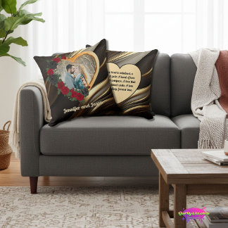 Black & Gold Roses, Gold Heart Photo Frame クッション