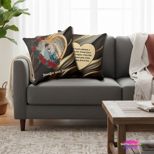 Black & Gold Roses, Gold Heart Photo Frame クッション