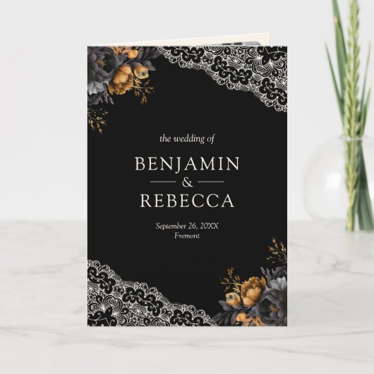 Black Gold Roses Lace Cream Gothic QR Code Wedding 招待状 (正面)