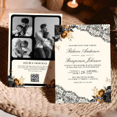 Black Gold Roses Lace Cream Gothic QR Code Wedding 招待状