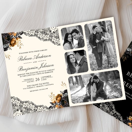 Black Gold Roses Lace Cream Gothic QR Code Wedding 招待状