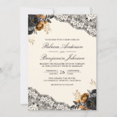 Black Gold Roses Lace Cream Gothic QR Code Wedding 招待状 (正面)