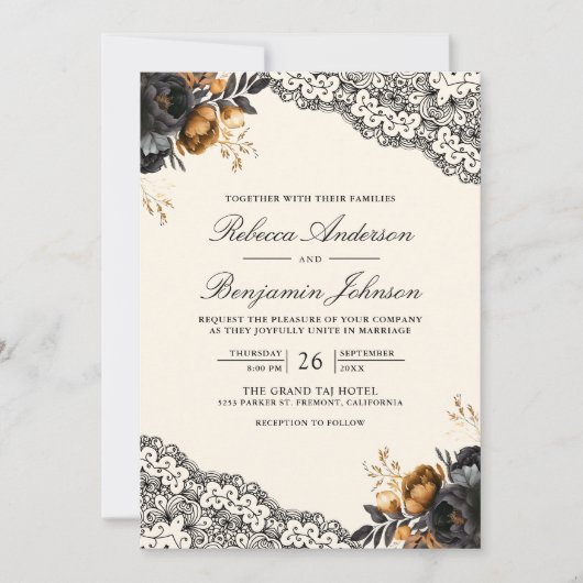 Black Gold Roses Lace Cream Gothic QR Code Wedding 招待状 (正面)