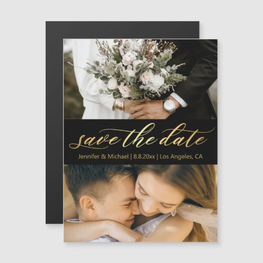 black gold script 2 photos save the date magnet (正面/裏面)