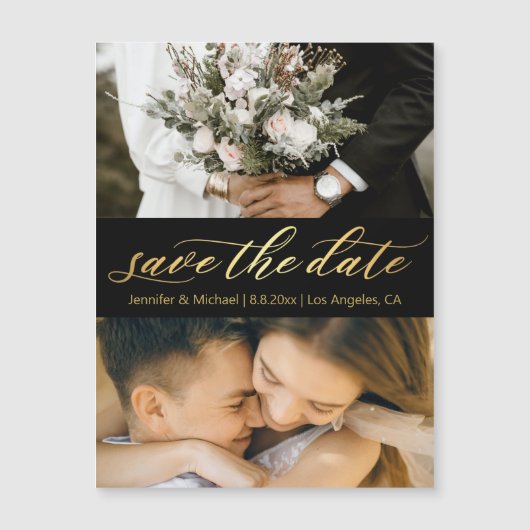 black gold script 2 photos save the date magnet (正面)