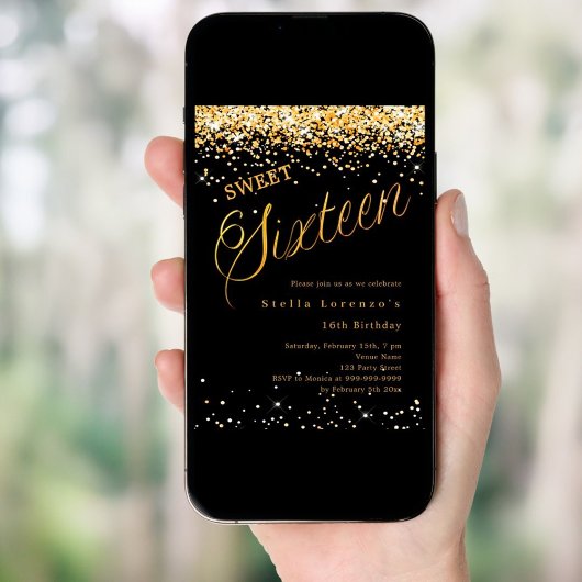 Black gold script elegant Sweet 16 招待状