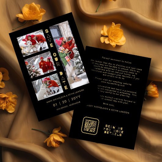 Black & Gold Sophisticated 4 Multi-Photos Collage セーブザデート
