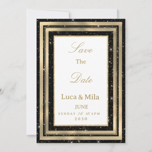 Black gold sparkly glitter confetti Save the Date 招待状 (正面)