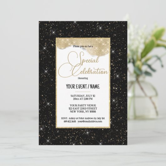 Black gold sparkly glitter luxury Special Event 招待状 (スタンド正面)