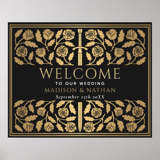 Black Gold Sword Royal Wedding Welcome Sign ポスター (正面)