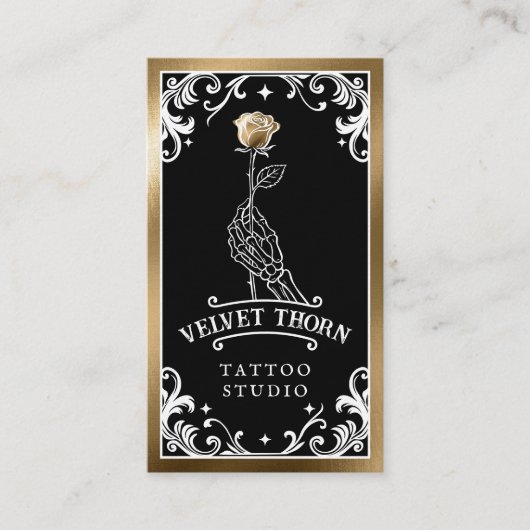 Black Gold Tattoo Artist Skeleton Floral Rose 名刺 (正面)