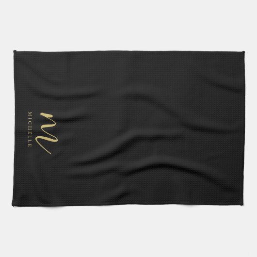 Black & Gold Text Name Sleek Script Monogram キッチンタオル (横)