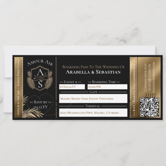 Black Gold Tropical Boarding Plane Ticket Wedding 招待状 (正面)