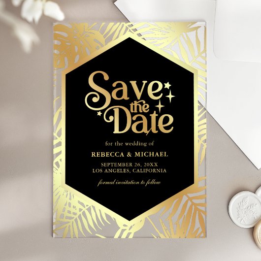 Black Gold Tropical Palm Wedding Save the Date アクリル招待状