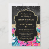 Black Gold Tropical Preppy Flowers Wedding 招待状 (正面)
