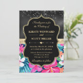 Black Gold Tropical Preppy Flowers Wedding 招待状 (スタンド正面)