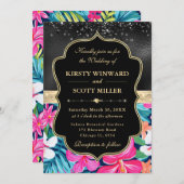 Black Gold Tropical Preppy Flowers Wedding 招待状 (正面/裏面)