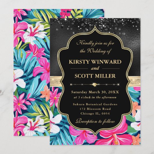 Black Gold Tropical Preppy Flowers Wedding 招待状 (正面/裏面)