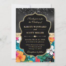 Black Gold Tropical Preppy Flowers Wedding 招待状
