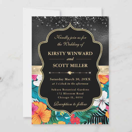 Black Gold Tropical Preppy Flowers Wedding 招待状 (正面)