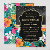 Black Gold Tropical Preppy Flowers Wedding 招待状 (正面/裏面)