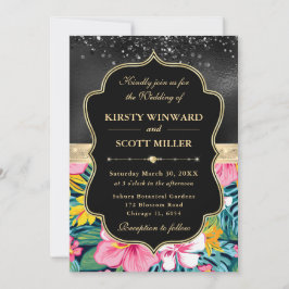Black Gold Tropical Preppy Flowers Wedding 招待状