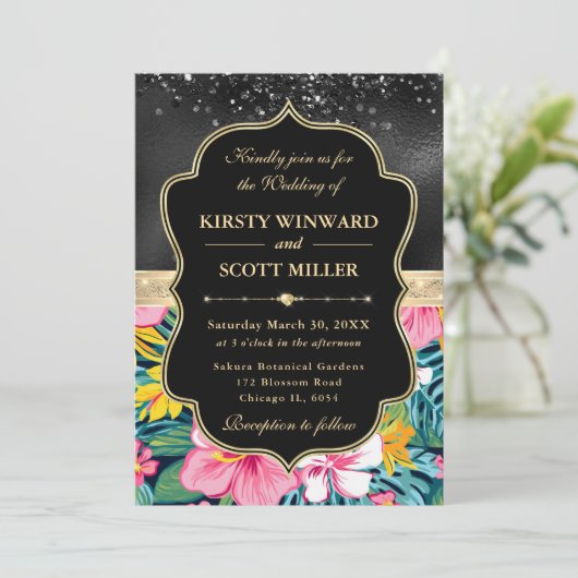 Black Gold Tropical Preppy Flowers Wedding 招待状 (スタンド正面)