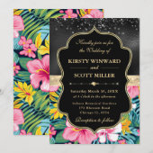 Black Gold Tropical Preppy Flowers Wedding 招待状 (正面/裏面)