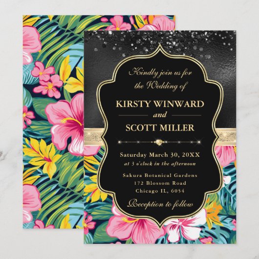 Black Gold Tropical Preppy Flowers Wedding 招待状 (正面/裏面)