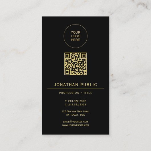 Black & Gold Upload Your Logo Here Custom QR Code 名刺 (裏面)