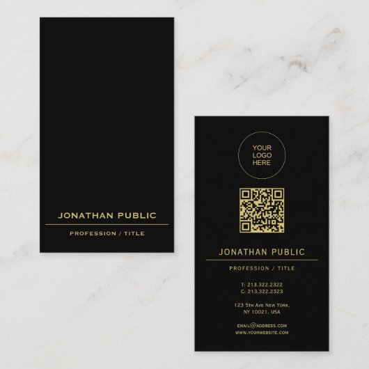 Black & Gold Upload Your Logo Here Custom QR Code 名刺 (正面/裏面)