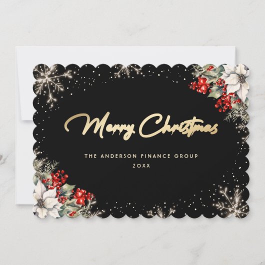 Black Gold Watercolor Botanical Business Christmas シーズンカード (正面)