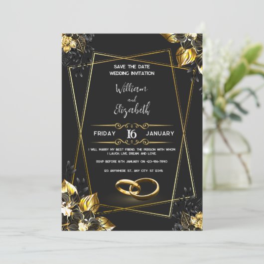 Black & Gold Wedding Invitation Card 招待状 (スタンド正面)