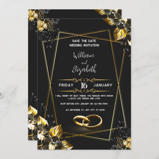 Black & Gold Wedding Invitation Card 招待状 (正面/裏面)