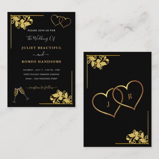 Black Gold Wedding Invitation Example with Hearts ノートカード (正面/裏面)