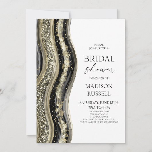 Black Gold White Agate Elegant Bridal Shower 招待状 (正面)