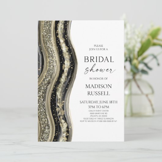 Black Gold White Agate Elegant Bridal Shower 招待状 (スタンド正面)