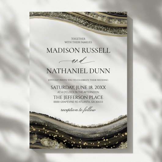 Black Gold White Agate Elegant Wedding 招待状