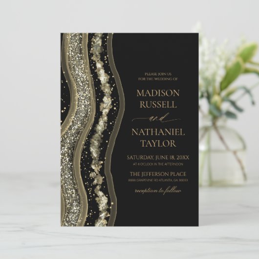 Black Gold White Agate Elegant Wedding 招待状 (スタンド正面)