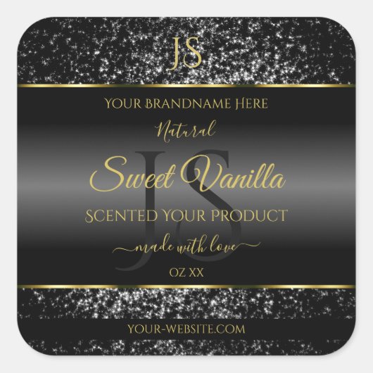 Black Gold with Glitter Initials Product Labels スクエアシール (正面)