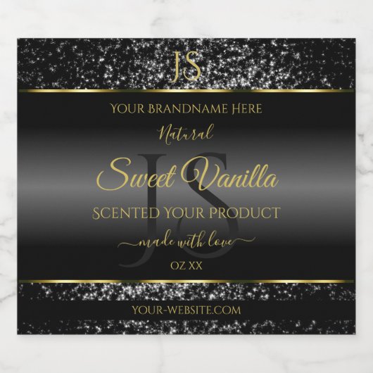 Black Gold with Glitter Initials Product Labels リキュールボトルラベル (シングルラベル)