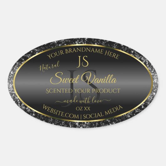 Black Gold with Glitter Initials Product Labels 楕円形シール (正面)