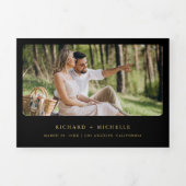 Black Gold World Map QR Code Photo Wedding 三つ折り招待状 (カバー)