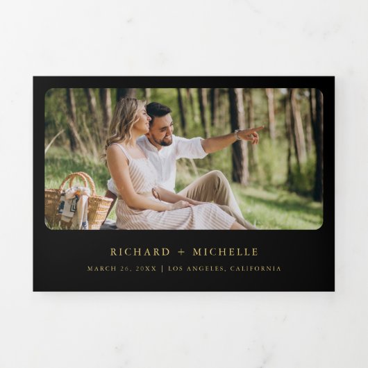 Black Gold World Map QR Code Photo Wedding 三つ折り招待状 (カバー)